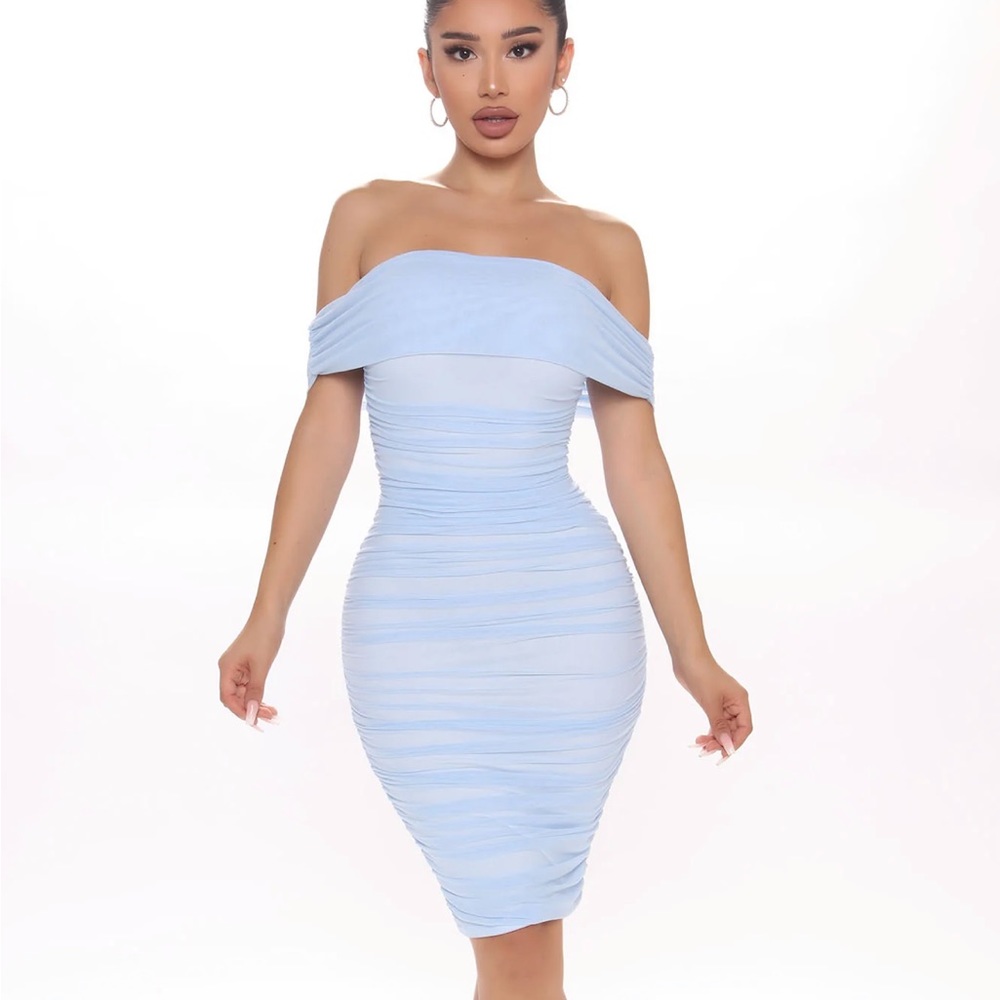 Light blue ruched & ready fashion nova dress